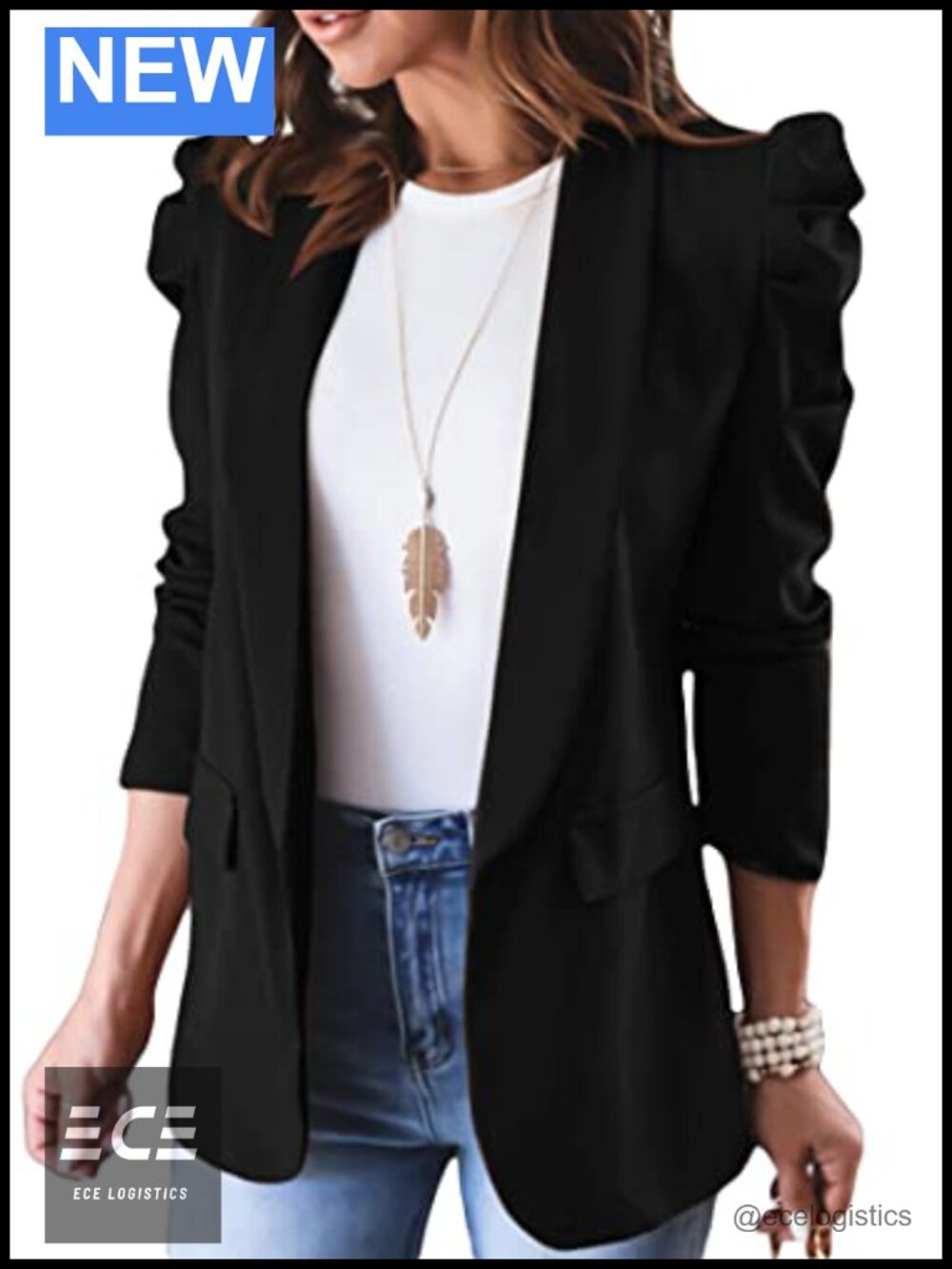 Women's Puff Sleeve Blazer Lightweight Open Front Work Jacket